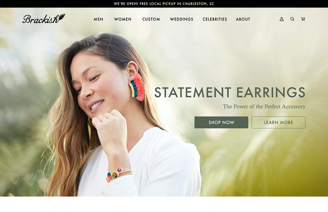 Brackish website homepage with a woman wearing colorful earrings and bracelets.