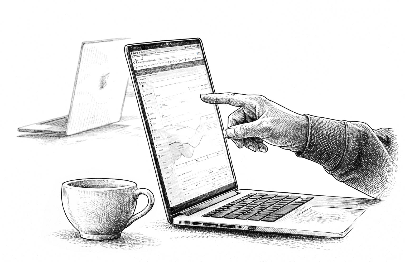 Illustration of person using a laptop with a cup of coffee on a white background
